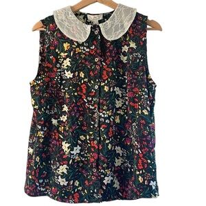 H by Halston Sleeveless Button-Front Blouse Lace Collar Womens Large L